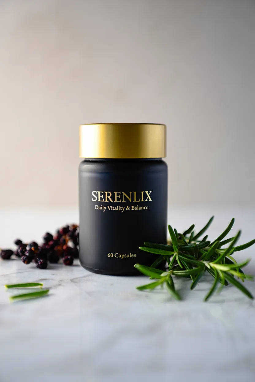 Serenlix natural supplement bottle with botanical ingredients for daily vitality and balance